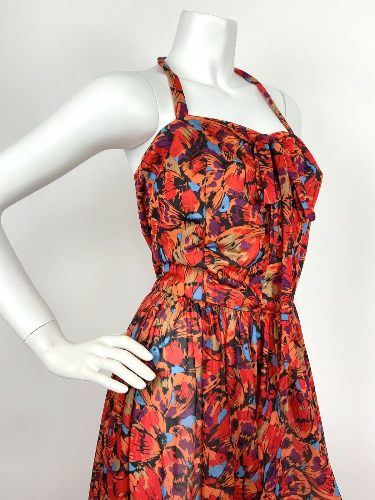 VTG 60s 70s RED ORANGE BLUE BLACK ABSTRACT BUTTERFLY HALTER MAXI DRESS 8 10