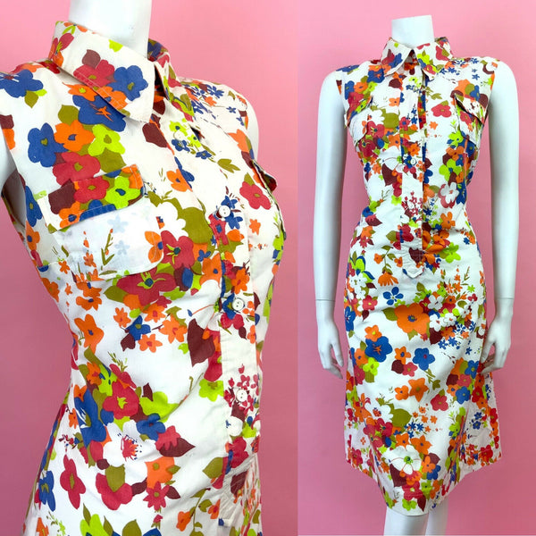 VINTAGE 60s 70s WHITE BLUE ORANGE RED FLORAL MOD SLEEVELESS DAGGER SHIRT 12