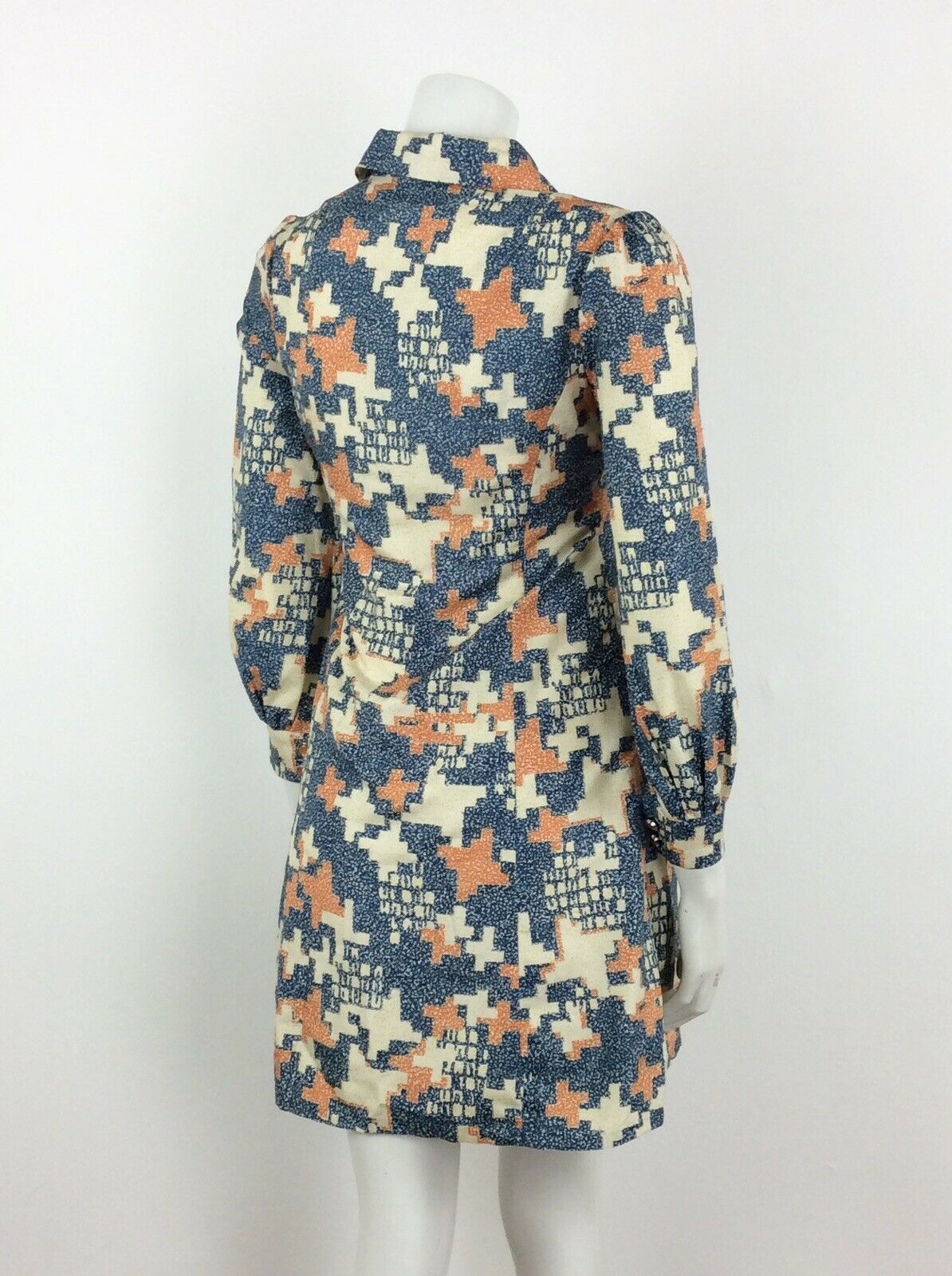 60S 70S VINTAGE CREAM BLUE ORANGE GEO ABSTRACT LONG SLEEVE SHIRT DRESS 8 10