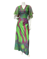 VINTAGE 60s 70s GREEN PINK BLUE PSYCHEDELIC DOTTY ANGEL SLEEVE MAXI DRESS 8 10