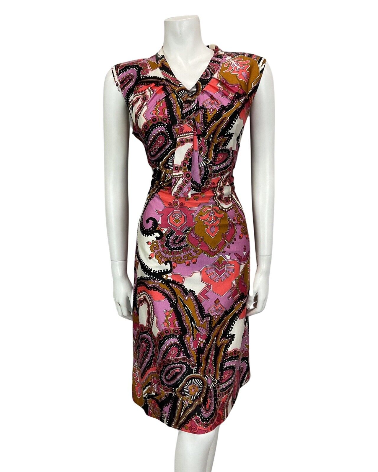 VINTAGE 60s 70s WHITE PINK BLACK PSYCHEDELIC PAISLEY PRINT MIDI DRESS 14