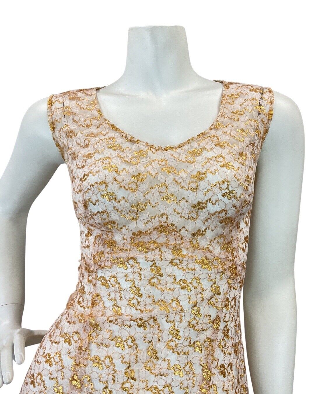 VINTAGE 60s 70s GOLD WHITE FLORAL LACE SHEER SLEEVELESS PARTY MAXI DRESS 8 10