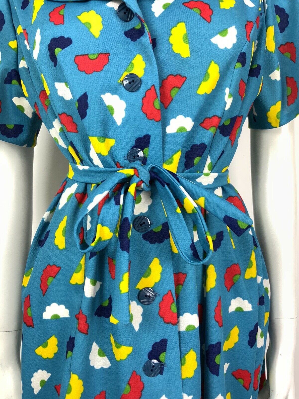 VINTAGE 70s 80s BLUE YELLOW RED WHITE FLORAL DAISY BELTED SHIFT DRESS 14 16