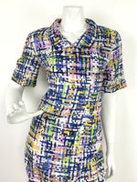 VINTAGE 60s 70s WHITE GREEN BLUE PINK CHECKERED GRID GEOMETRIC SHIRT DRESS 10 12