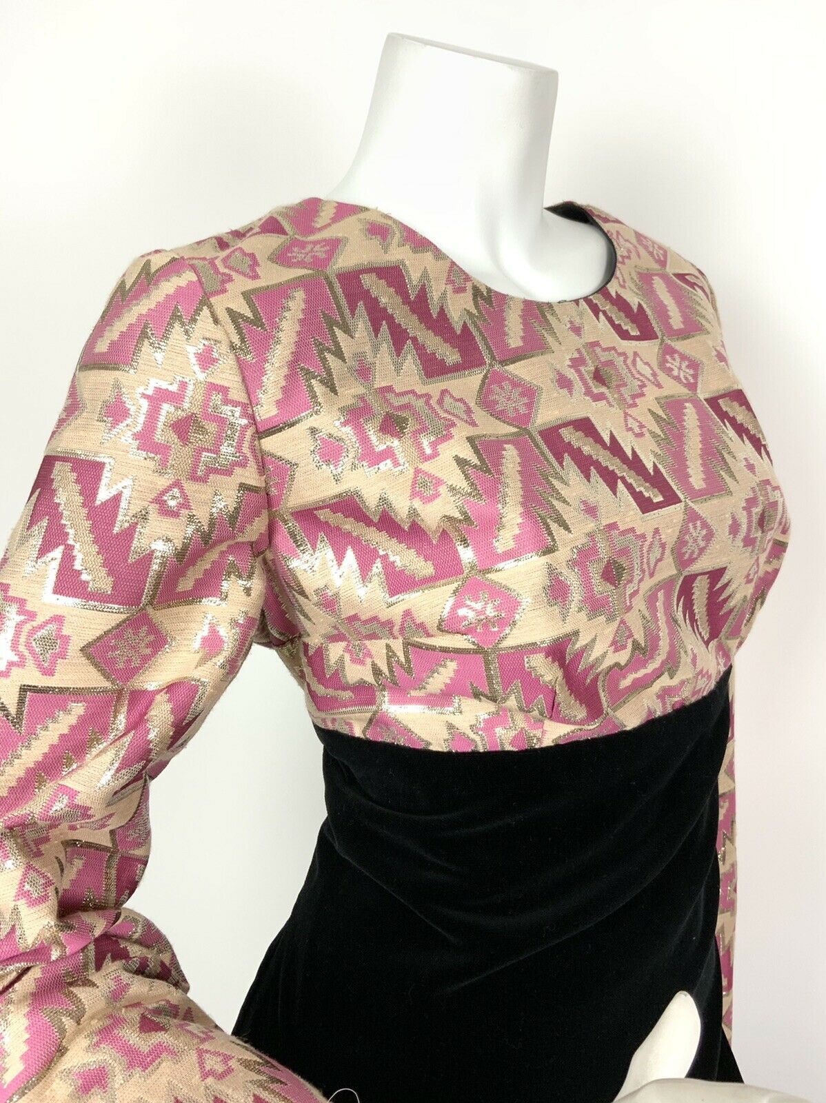 VINTAGE 60s 70s BLACK PINK GOLD SILVER GEOMETRIC AZTEC VELVET MAXI DRESS 12