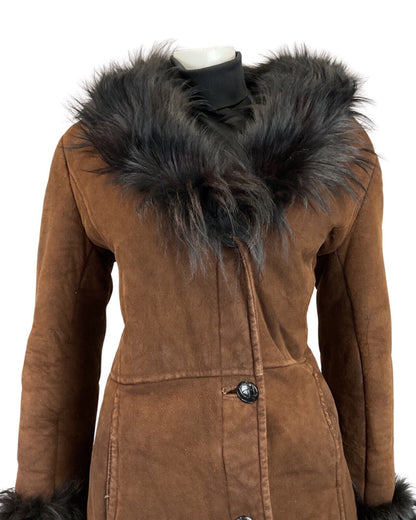 VINTAGE 60s 70s CHOCOLATE BROWN SUEDE SHEARLING COLLAR PRINCESS COAT 12 14