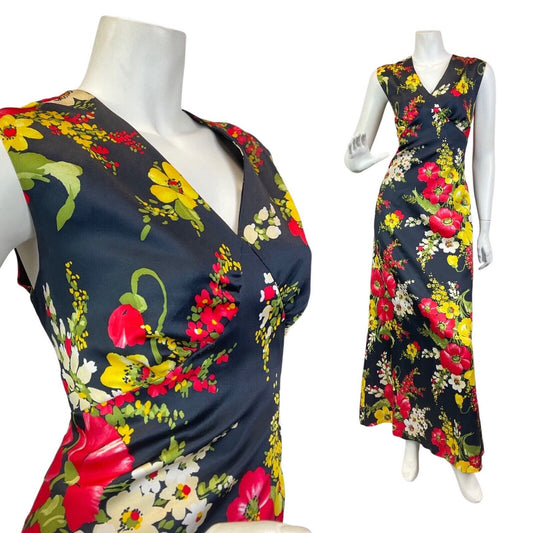 VINTAGE 60s 70s BLACK RED YELLOW PSYCHEDELIC FLORAL SLEEVELESS MAXI DRESS 10 12