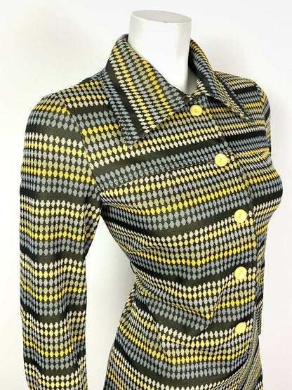 VINTAGE 60s 70s BLACK BLUE YELLOW STRIPED DOTTY DAGGER SHIRT SHIFT DRESS 8 10