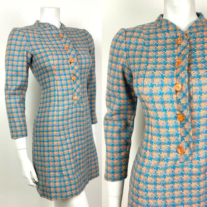VINTAGE 60s 70s PASTEL ORANGE BLUE CHECKED HOUNDSTOOTH WOOL MOD SHIFT DRESS 8