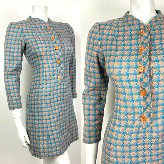 VINTAGE 60s 70s PASTEL ORANGE BLUE CHECKED HOUNDSTOOTH WOOL MOD SHIFT DRESS 8