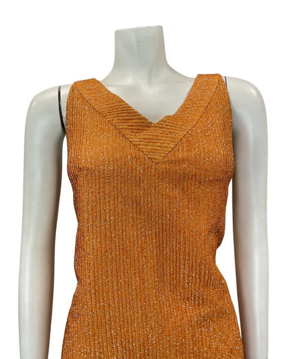 VINTAGE 60s 70s BURNT ORANGE SILVER LUREX V-NECK PARTY SLEEVELESS DRESS 12 14