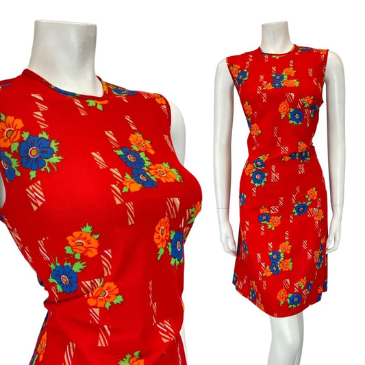 VINTAGE 60s 70s PILLARBOX RED BLUE FLORAL MOD SLEEVELESS SHORT DRESS 10 12