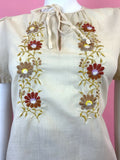 VTG 60s 70s CREAM YELLOW ORANGE FLORAL VINE HEART EMBROIDERED BOHO BLOUSE 10 12