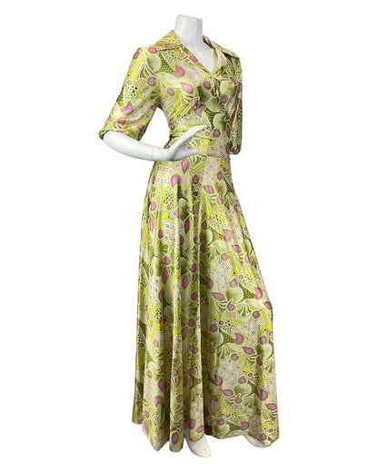 VINTAGE 60s 70s LIME GREEN PINK WHITE PSYCHEDELIC FLORAL COLLAR MAXI DRESS 10