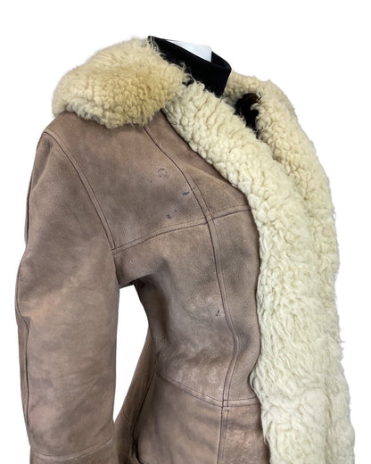 VINTAGE 60s 70s PEANUT BROWN CREAM SUEDE BOHO PENNY LANE SHEARLING COAT 14 16