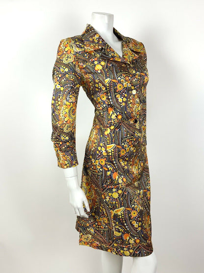 VINTAGE 60s 70s YELLOW ORANGE WHITE BLUE PSYCHEDELIC FLORAL SHIRT DRESS 12 14