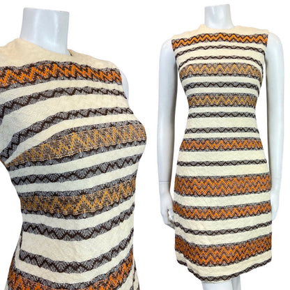 VTG 60s 70s CREAM BROWN ORANGE STRIPED KNITTED WOOL MOD MINI SHIFT DRESS 8 10