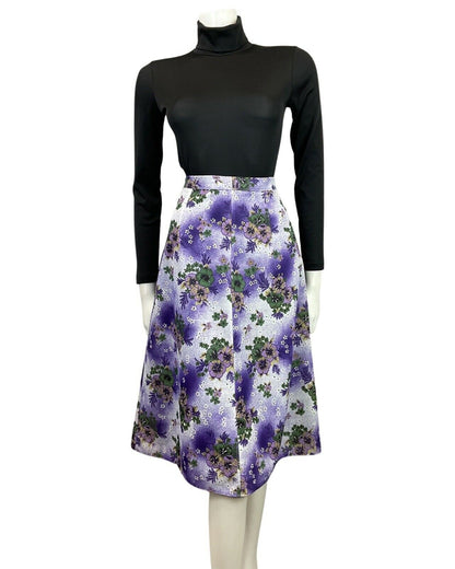 VINTAGE 60s 70s PURPLE WHITE GREEN FLORAL DAISY KNEE-LENGTH SWING SKIRT 8 10