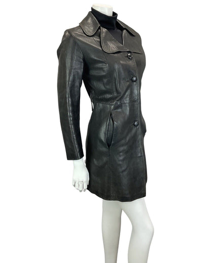 VINTAGE 60s 70s BLACK LEATHER BIG ROUNDED COLLAR MOD TRENCH JACKET 10 12