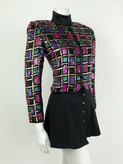 VTG 70s 80S BLACK PURPLE PINK GOLD TEAL GEOMETRIC SEQUIN TROPHY JACKET 8 10