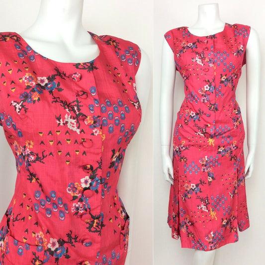 VINTAGE 60s 70s PINK FLORAL WHITE BLUE YELLOW SILK SUMMER DRESS 14