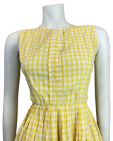 VINTAGE 50s 60s LEMON YELLOW WHITE GINGHAM CHECKED PLEATED SWING SUMMER DRESS 6