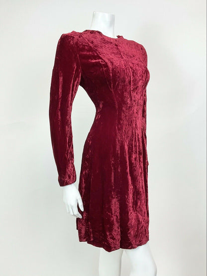 VINTAGE 60s 70s 80s RUBY RED VELVET PARTY LONGSLEEVE SWING DRESS 10 12