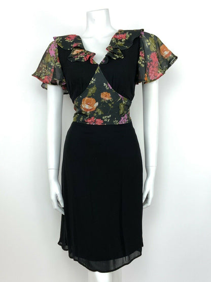 VINTAGE 60s 70s BLACK FLORAL DRESS A-LINE RUFFLE GREEN ORANGE RED 8 10