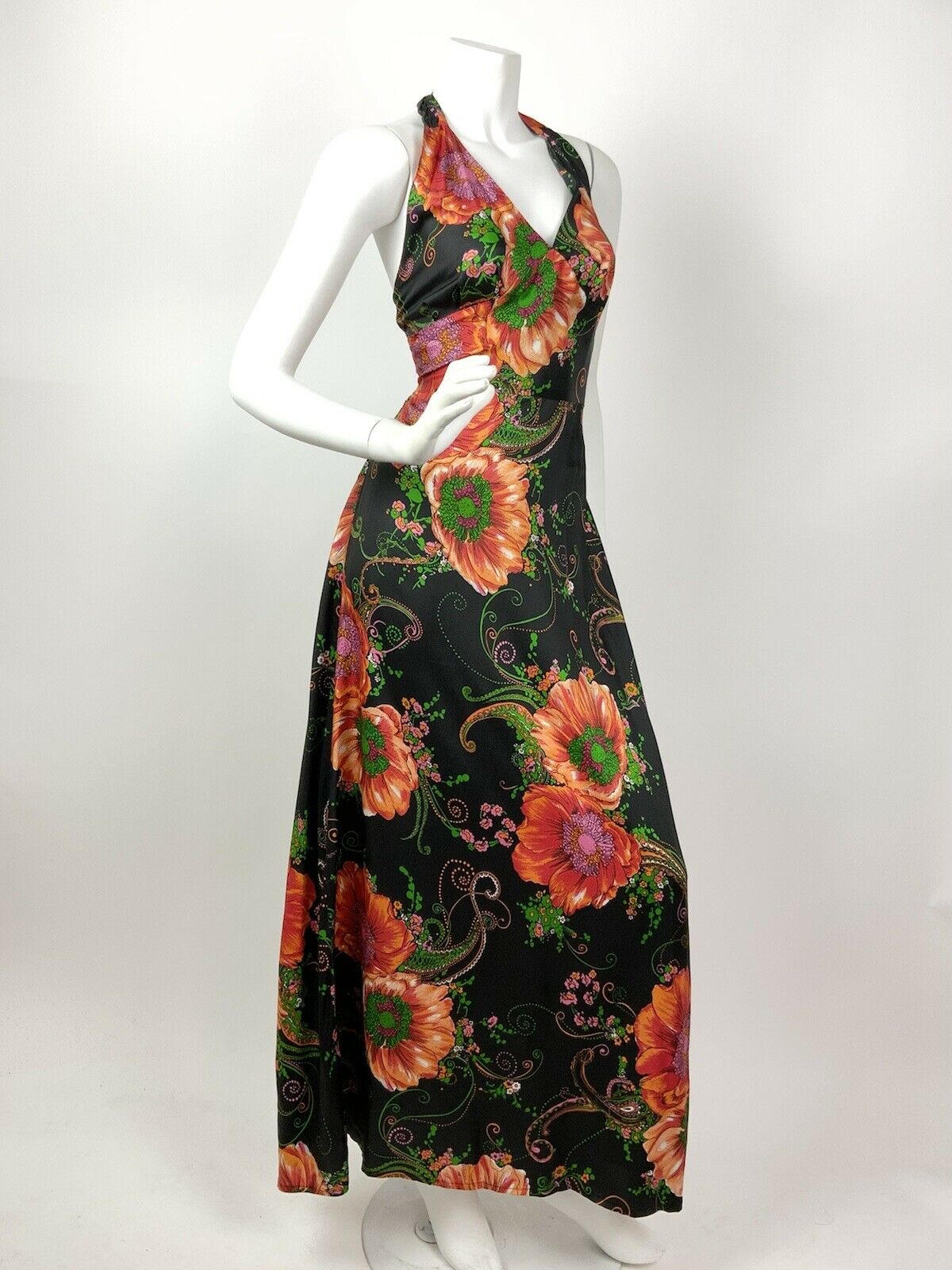 VINTAGE 60s 70s BLACK ORANGE GREEN FLORAL POPPY PAISLEY HALTER MAXI DRESS 10 12