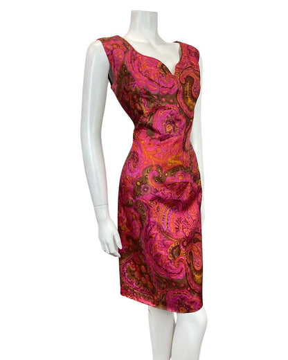 VINTAGE 60s 70s PINK PURPLE ORANGE PSYCHEDELIC FLORAL PAISLEY WIGGLE DRESS 12 14