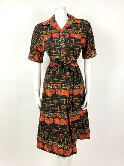 VINTAGE 60s 70s BLACK ORANGE RED BEIGE FLORAL DAISY BELTED SHIRT DRESS 12 14