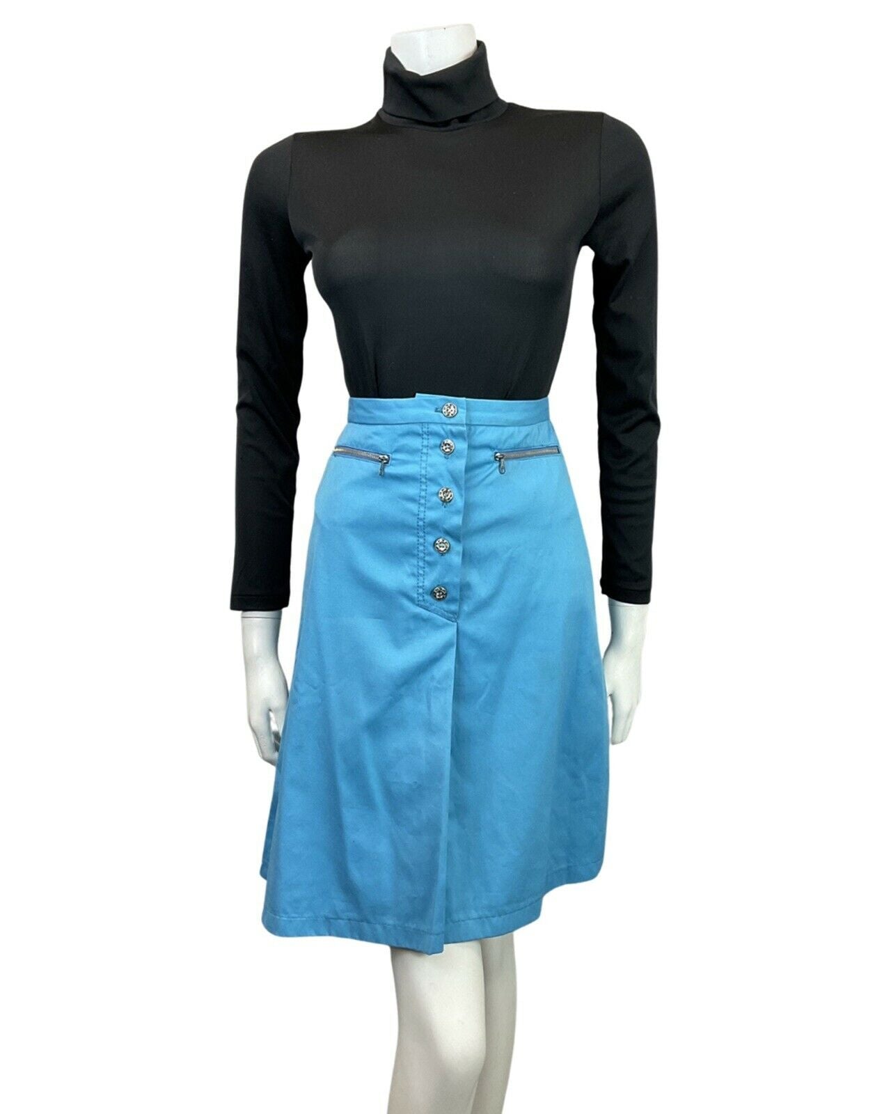 VINTAGE 60s 70s BRIGHT BLUE SILVER ZIPPER MOD MINI SHORT SKIRT 4