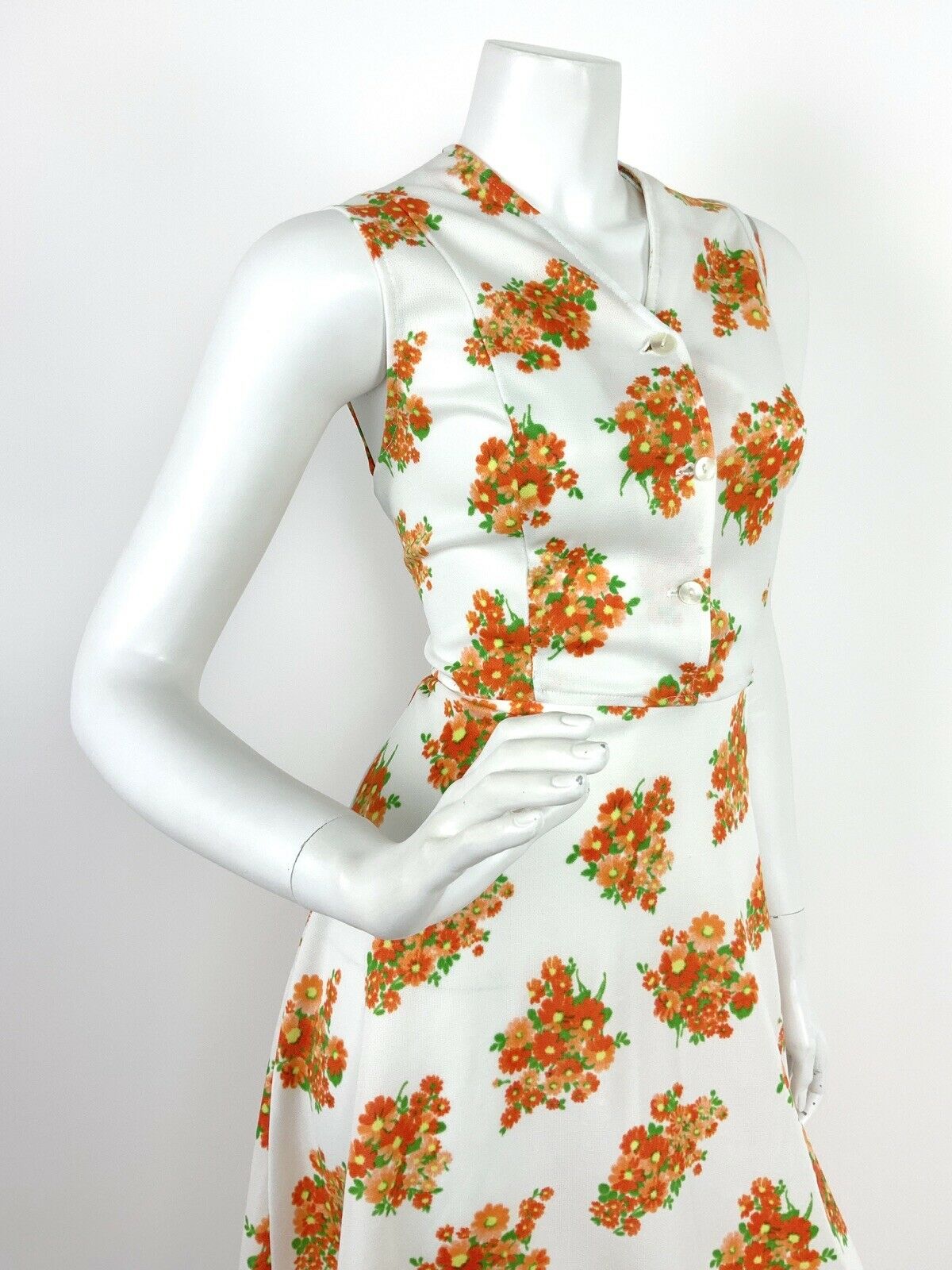 VINTAGE 60s 70s WHITE ORANGE YELLOW RED FLORAL SWING DRESS 10