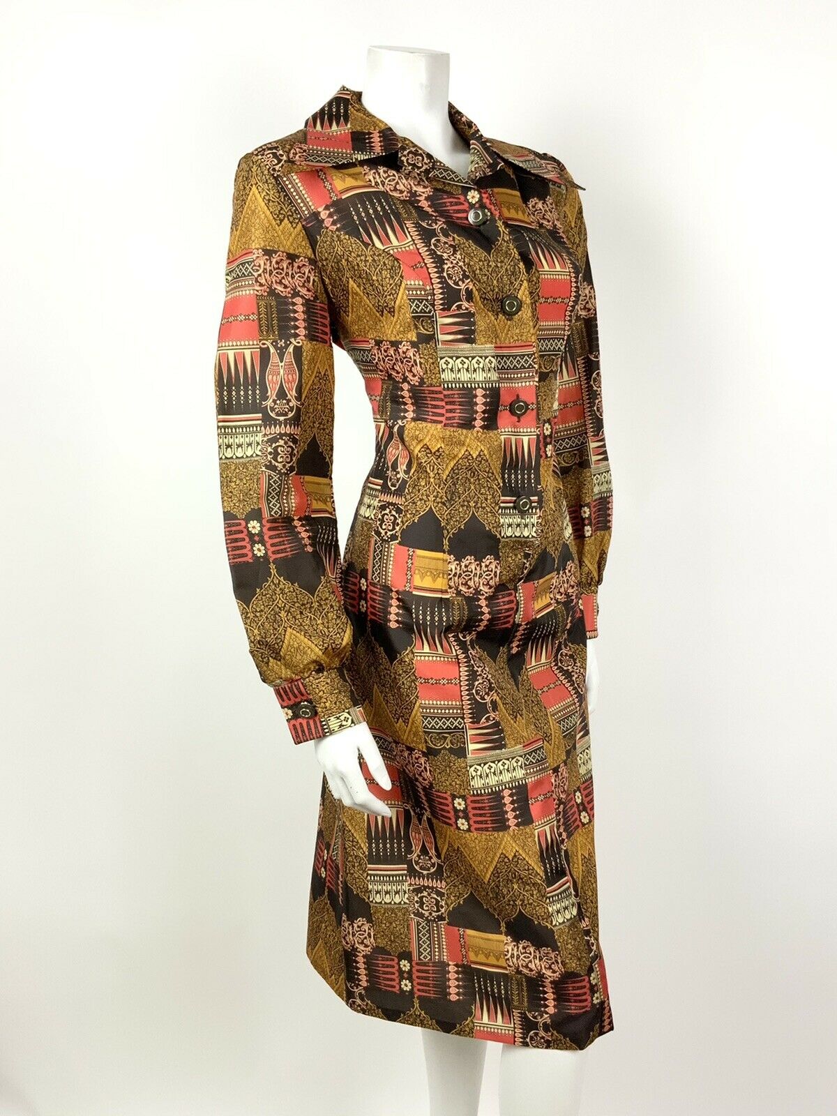 VINTAGE 60s 70s BROWN GOLD RED FLORAL ORNATE PSYCHEDELIC DAGGER SHIRT DRESS 14