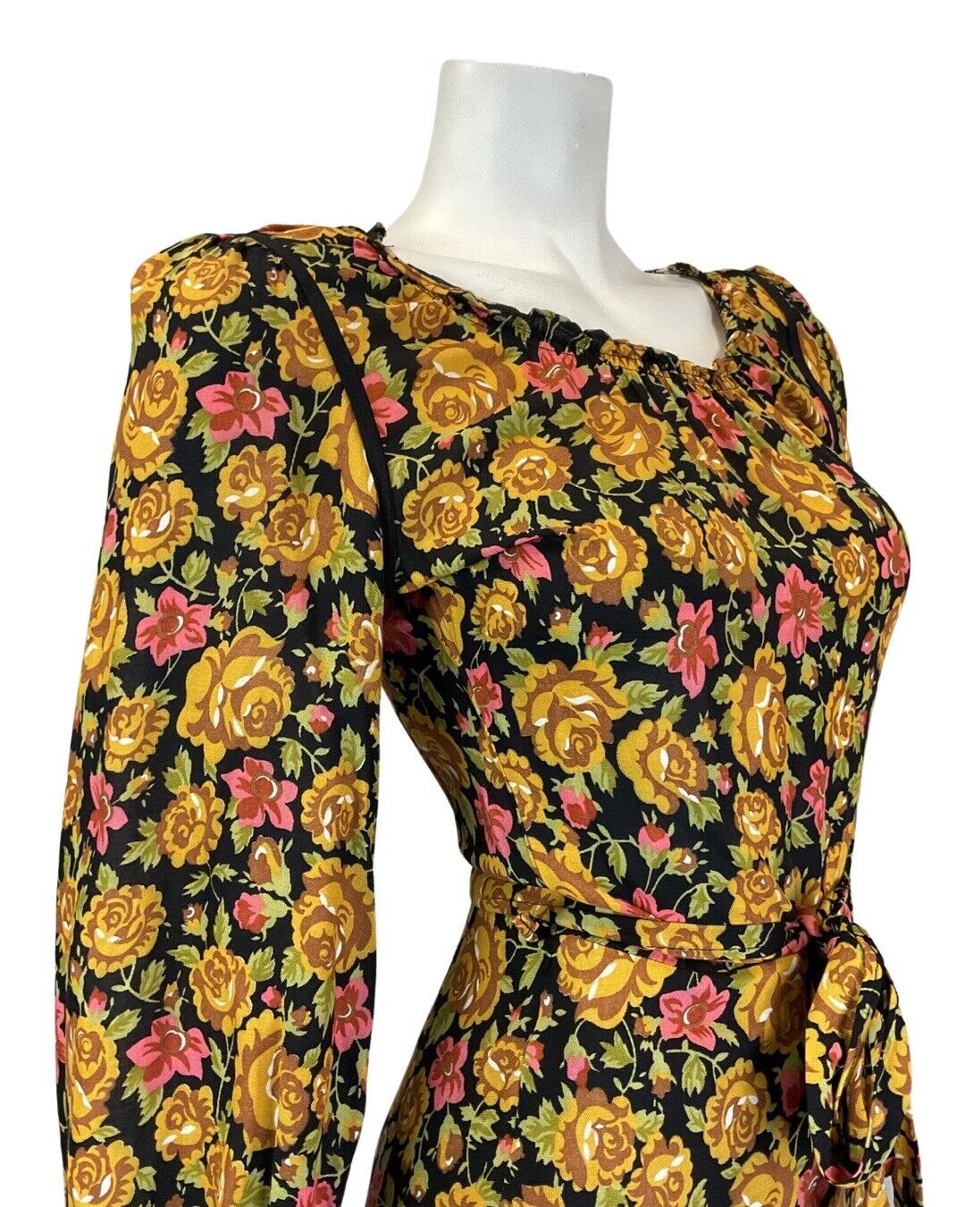 VINTAGE 60s 70s GOLD BLACK PINK FLORAL ROSE BOHO PRAIRIE LONGSLEEVE MIDI DRESS 6