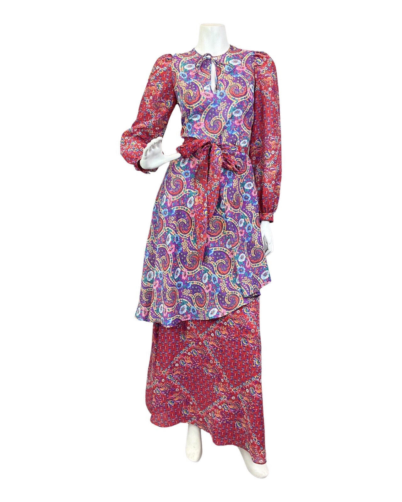 VINTAGE 70s PURPLE RED BLUE  PSYCHEDELIC FLORAL PAISLEY BOHO FOLK MAXI DRESS 8