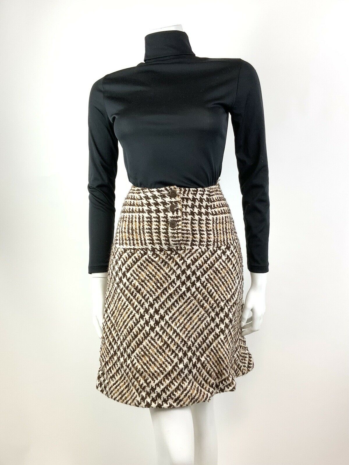 VINTAGE 60s 70s BROWN WHITE GOLD GEN CHECKED PLAID WOOL MOD SHORT SKIRT 4 6