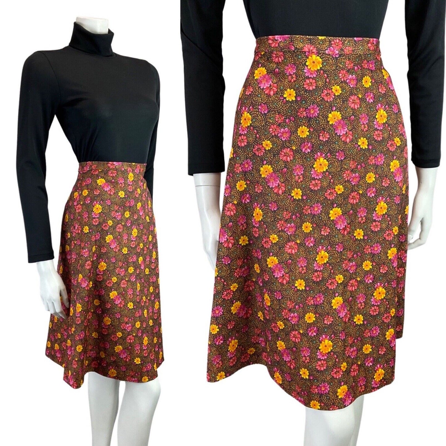 VINTAGE 60s 70s BROWN PINK YELLOW DOTTY FLORAL KNEE-LENGTH FLARED SKIRT 6