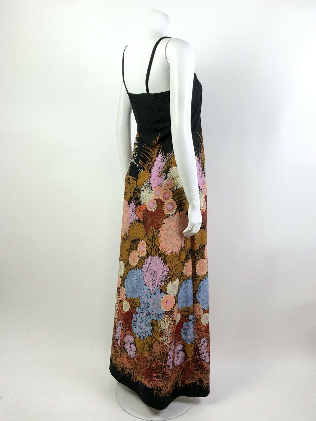 VINTAGE 60s 70s BLACK GOLD PINK BLUE FLORAL LEAFY SPAGHETTI STRAP MAXI DRESS 8