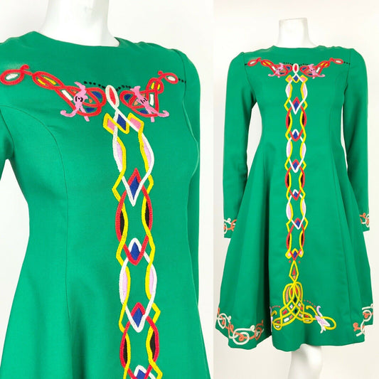 VTG 60s 70s FOLK GREEN WHITE RED YELLOW BLACK CELTIC EMBROIDERED DRESS 4 6