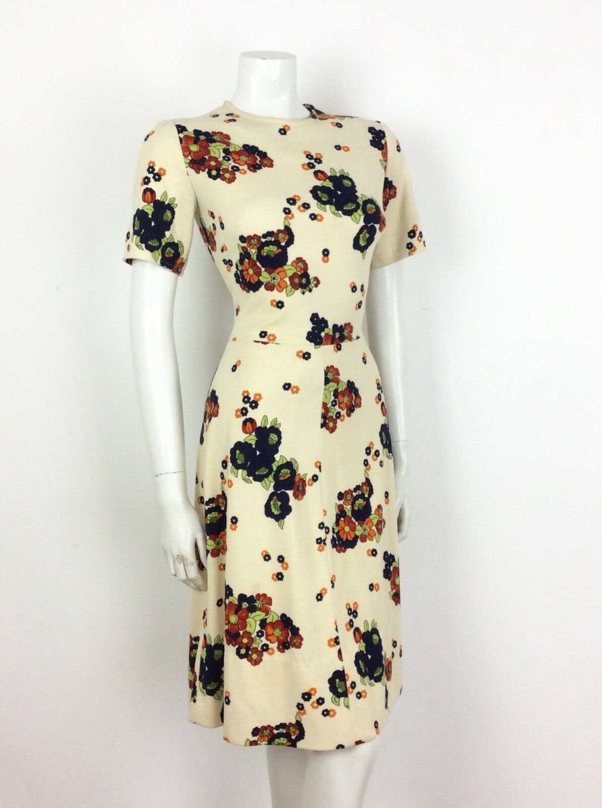 60S 70S VINTAGE CREAM NAVY BLUE FLORAL PSYCHEDELIC DRESS 12