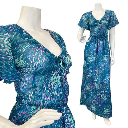 VINTAGE 60s 70s BLUE PINK GREEN ABSTRACT DASH SHEER BOHO MAXI DRESS 10