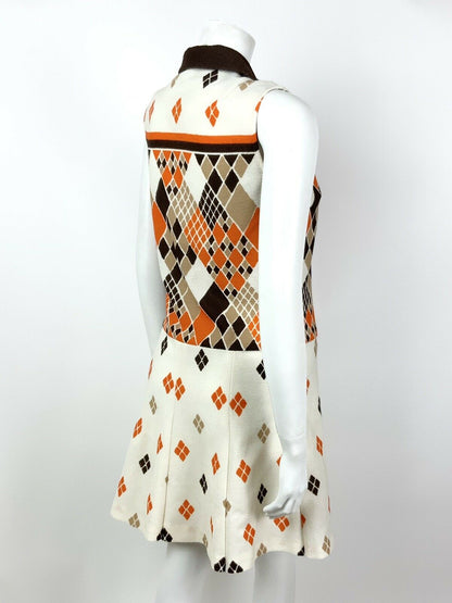 VINTAGE 60s 70s WHITE BROWN ORANGE DIAMOND PREPPY SLEEVELESS DRESS 8 10