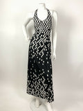 VINTAGE 60s 70s BLACK WHITE CHECKERBOARD GEOMETRIC STRAPPY MAXI DRESS 8 10