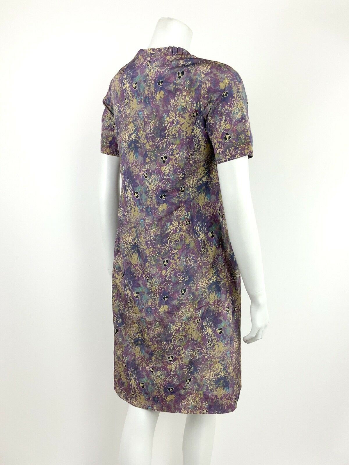 VTG 60s 70s PURPLE BLUE GREEN GOLD FLORAL WATERCOLOUR BATIK SHIFT DRESS 8 10