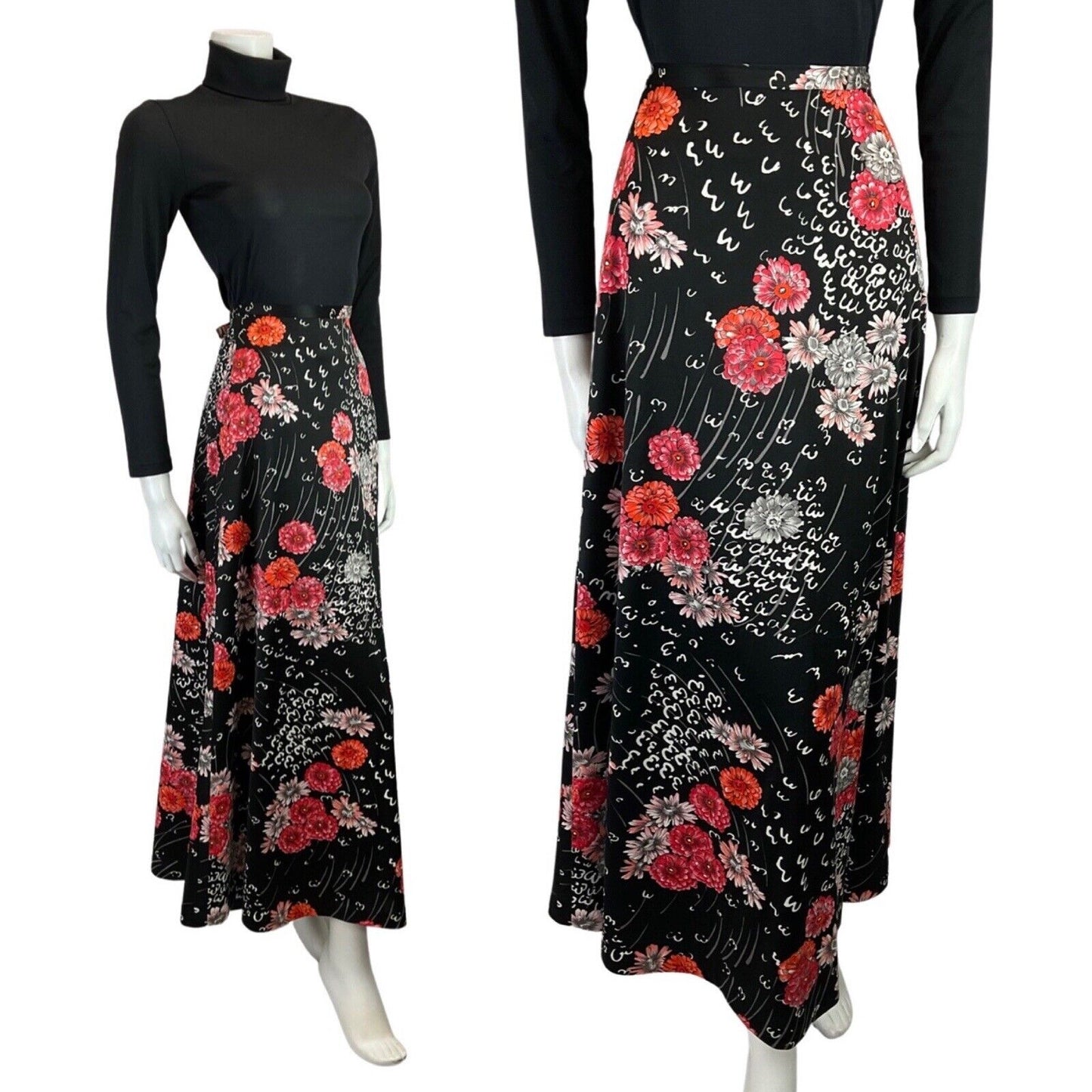 VINTAGE 60s 70s BLACK GREY RED GERBERA FLOWER BOHO MAXI SKIRT 8