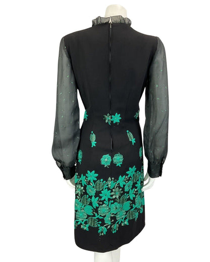 VINTAGE 60s 70s BLACK TURQUOISE GREEN MOD DISCO PARTY CHRISTMAS EVENING DRESS 12