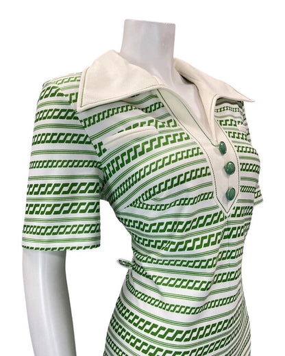 VINTAGE 60s 70s APPLE GREEN WHITE STRIPED MOD WING COLLAR SHIRT DRESS 14 16