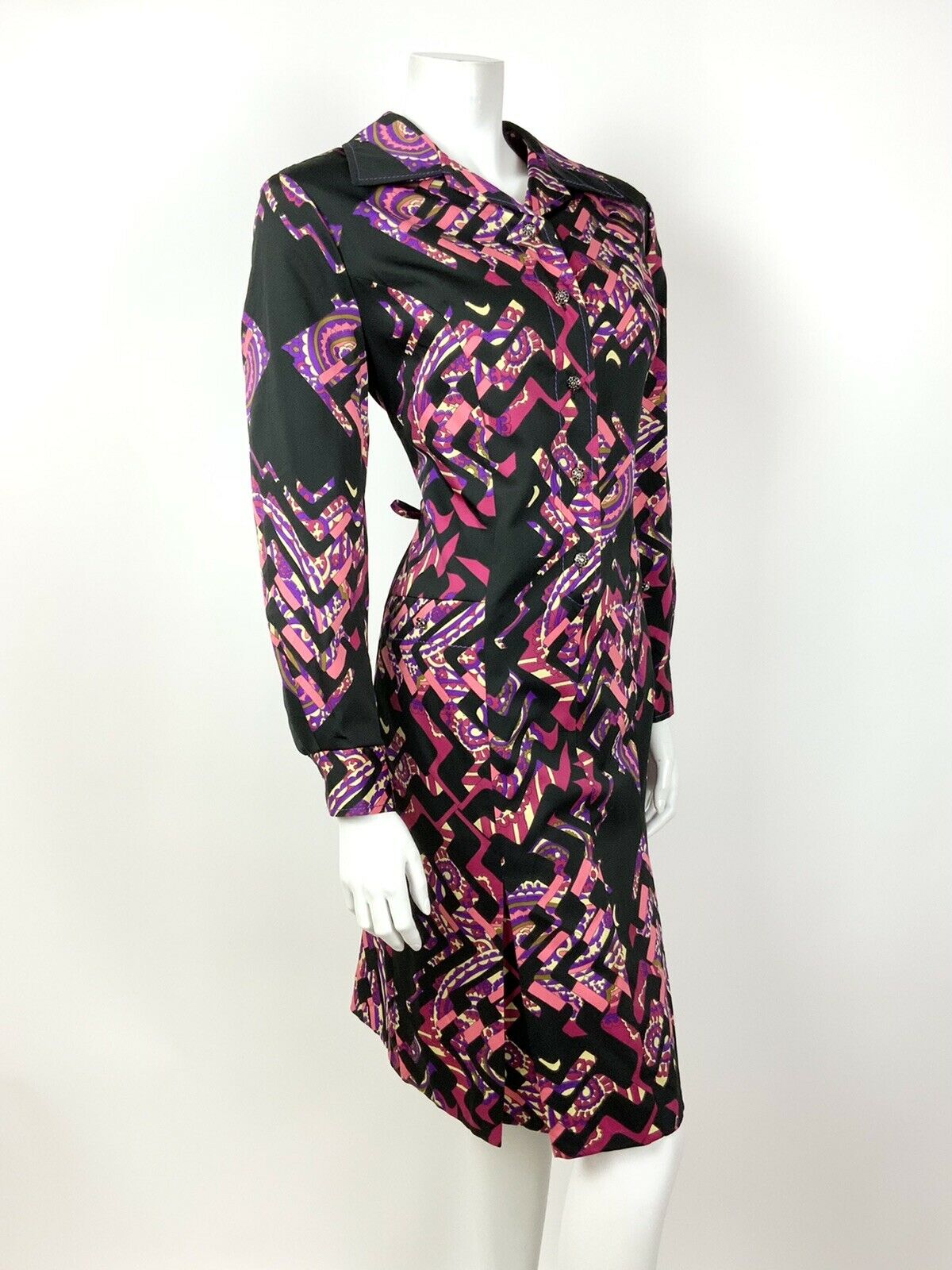 VINTAGE 60s 70s BLACK PINK PURPLE PAISLEY ZIGZAG PSYCHEDELIC SHIRT DRESS 12 14