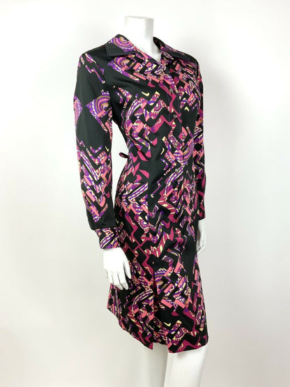 VINTAGE 60s 70s BLACK PINK PURPLE PAISLEY ZIGZAG PSYCHEDELIC SHIRT DRESS 12 14